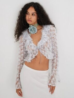 NWT For Love And Lemons Moira Lace Top Tie Front Beaded Blue SZ Medium